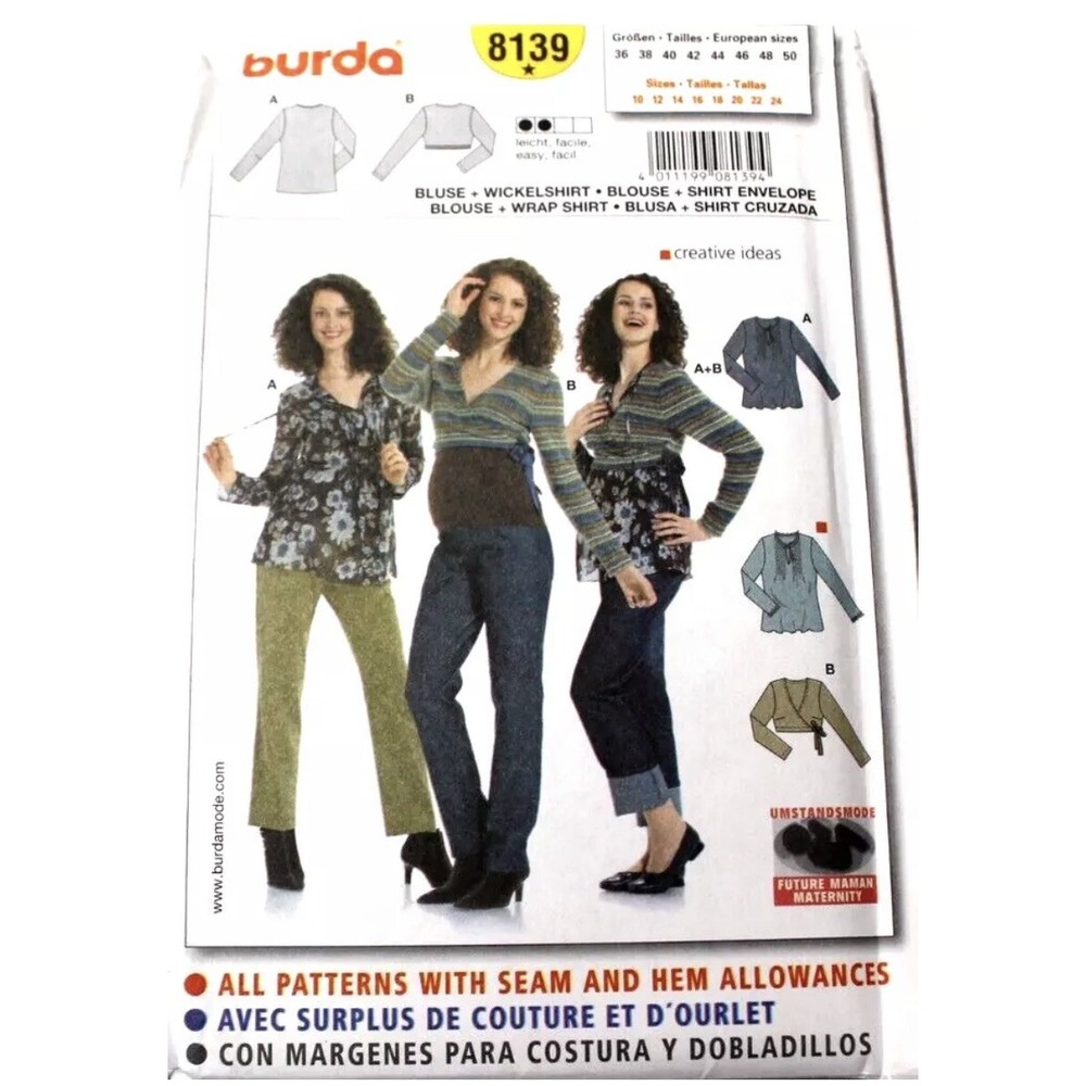 Burda 8139 Misses Maternity Tops Sewing Pattern Sizes 10-24 Blouse Wrap Shirt